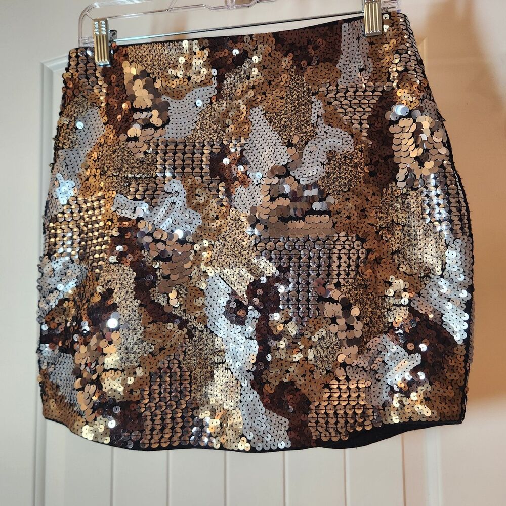 EXPRESS Sequin Miniskirt S/P Black Gold Silver Elastic Waist Club Party Skirt